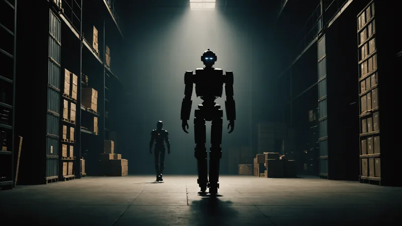 Worker and robot sharing a logistics aisle with motion tracking overlays