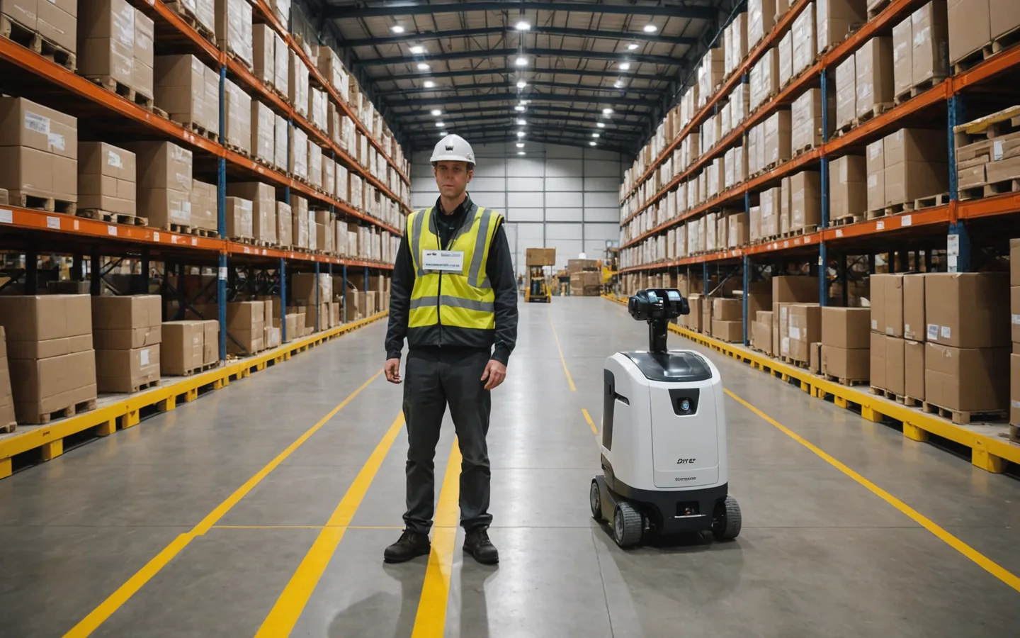 A service robot sharing a warehouse aisle beside a human worker, no cage barriers
