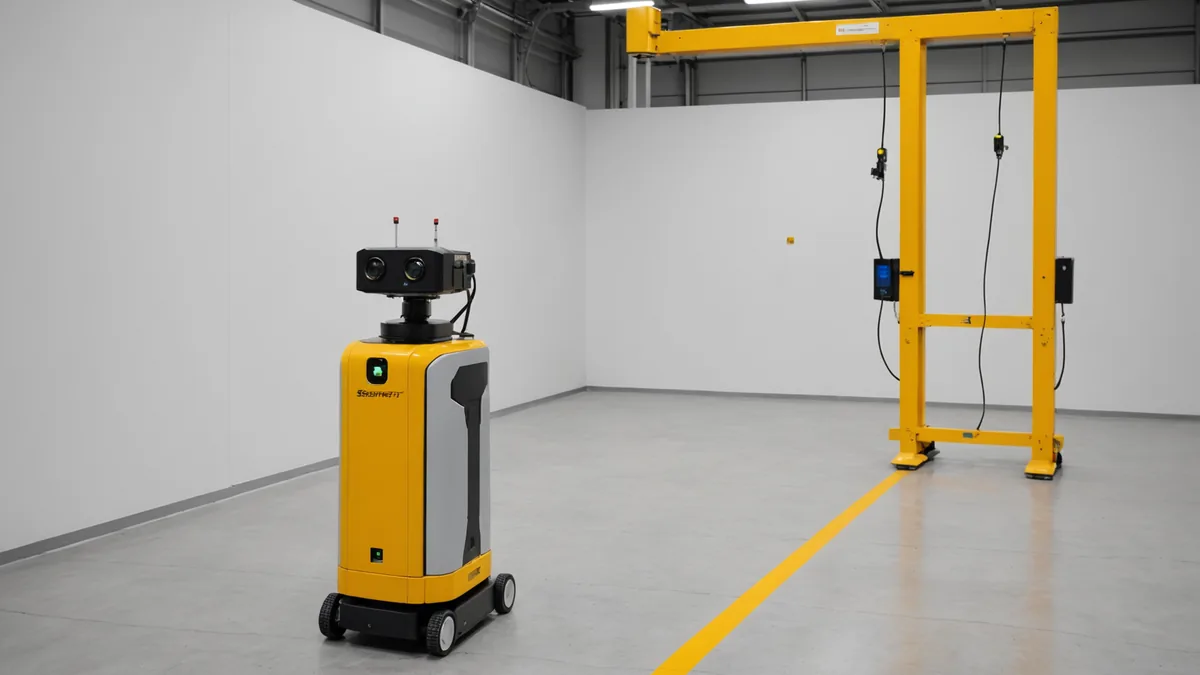 CR-1 robot in controlled safety test environment with proximity sensors highlighted